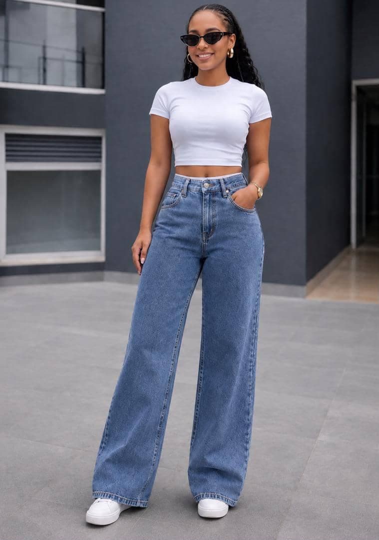 Light blue denim High-waisted wide-leg jeans