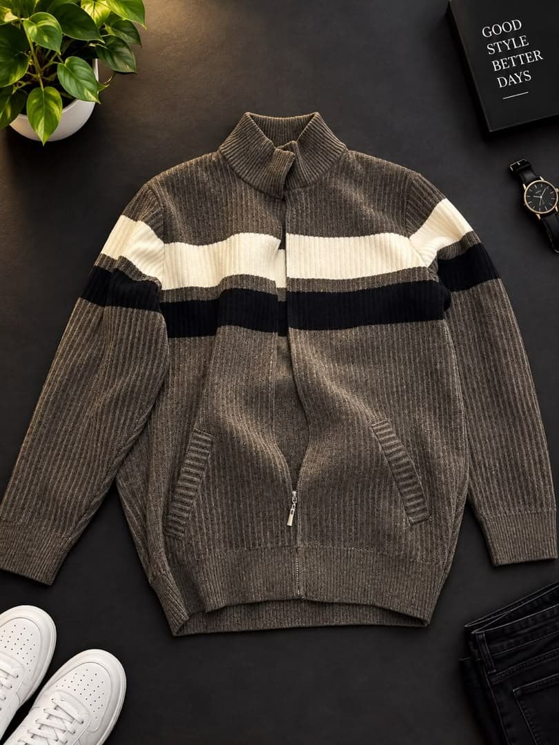 Ribbed knit Zip-up sweater